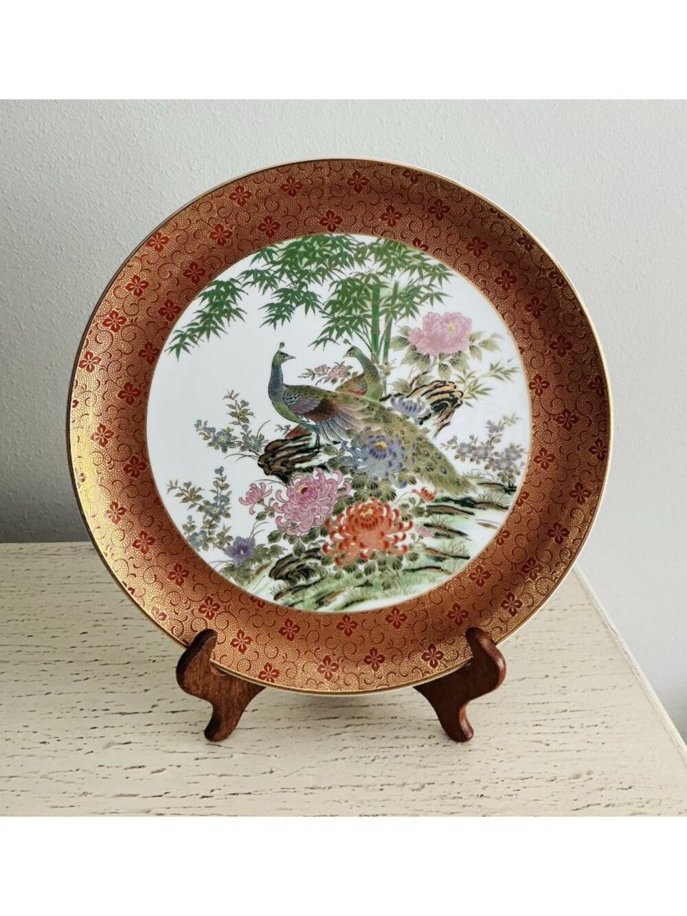 Japanese Peacock Peony Bamboo Collector Plate Red Gold Porcelain 10.375"